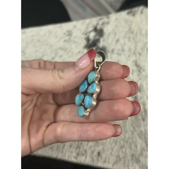 Sterling Silver 2” Blue Ridge Turquoise Multistone Cluster Pendant 6 Stone 925 - Picture 8 of 10